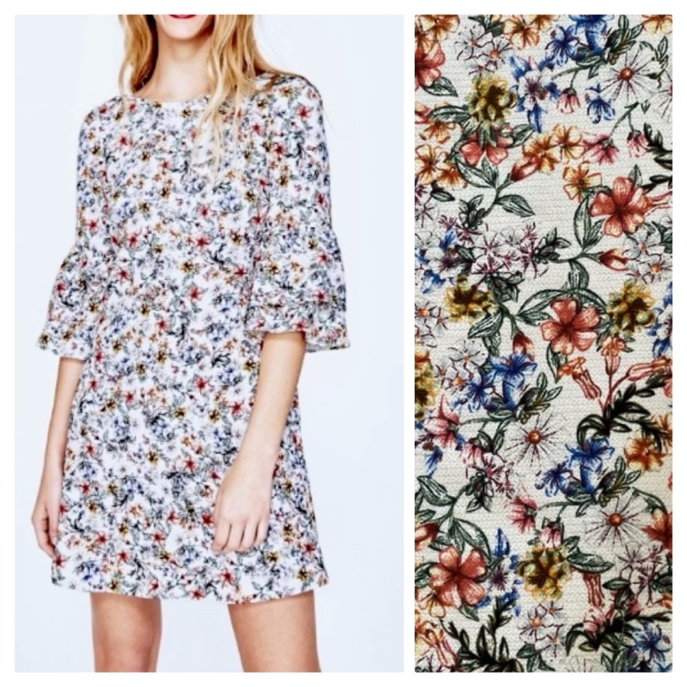 ZARA Floral Dress w/ Bell Sleeves w/ Double Ruffles!!!  V Back!!!Size M